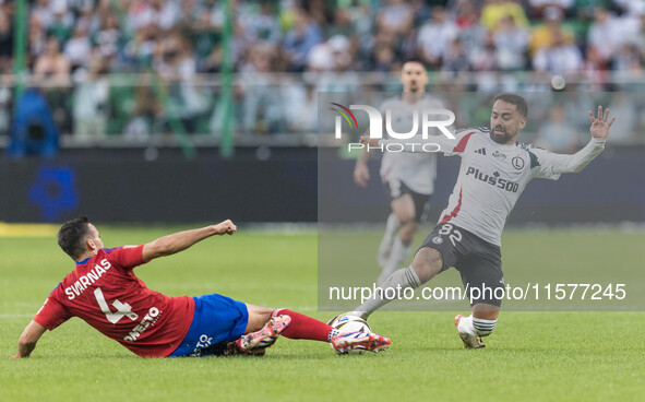 Efstratios Svarnas, Luquinhas during Legia Warsaw vs Rakow Czestochowa - PKO  Ekstraklasa match in Warsaw, Poland on September 15, 2024. 