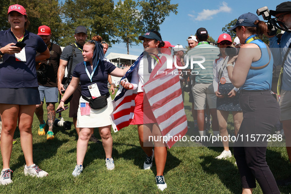 GAINESVILLE, VIRGINIA - SEPTEMBER 15: Lilia Vu celebrates after USA Team win the Solheim Cup at Robert Trent Jones Golf Club on Sunday, Sept...