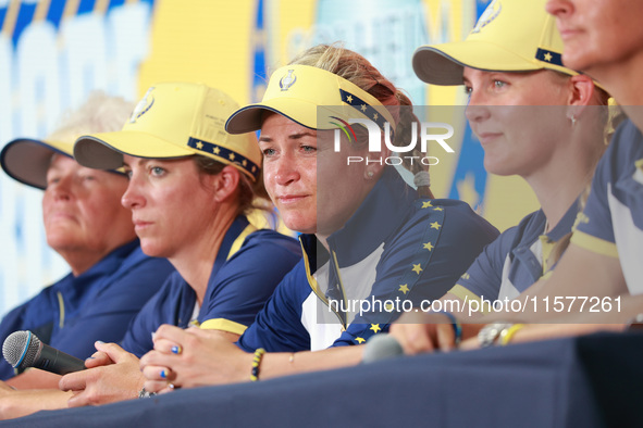 GAINESVILLE, VIRGINIA - SEPTEMBER 15: Captain Suzann Pettersen of Team Europe speaks to the media after loosing against Team USA on Day Thre...