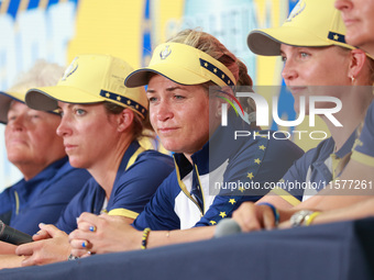 GAINESVILLE, VIRGINIA - SEPTEMBER 15: Captain Suzann Pettersen of Team Europe speaks to the media after loosing against Team USA on Day Thre...