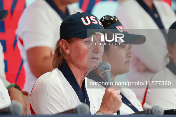 GAINESVILLE, VIRGINIA - SEPTEMBER 15: Captain Stacy Lewis of the United States speaks to the media after Team USA wins the Solheim Cup at Ro...