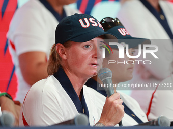 GAINESVILLE, VIRGINIA - SEPTEMBER 15: Captain Stacy Lewis of the United States speaks to the media after Team USA wins the Solheim Cup at Ro...