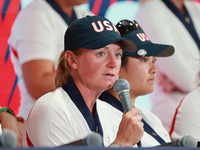 GAINESVILLE, VIRGINIA - SEPTEMBER 15: Captain Stacy Lewis of the United States speaks to the media after Team USA wins the Solheim Cup at Ro...