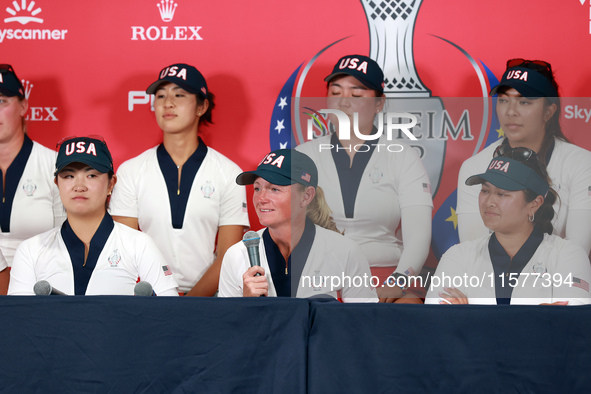 GAINESVILLE, VIRGINIA - SEPTEMBER 15: Captain Stacy Lewis of the United States is interviewed after a Team USA win of the Solheim Cup at Rob...