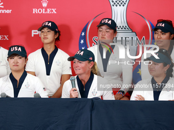 GAINESVILLE, VIRGINIA - SEPTEMBER 15: Captain Stacy Lewis of the United States is interviewed after a Team USA win of the Solheim Cup at Rob...