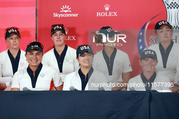 GAINESVILLE, VIRGINIA - SEPTEMBER 15: Members of Team USA are interviewed after a United States win at the conclusion of the final round of...