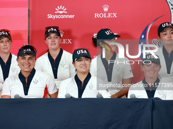 GAINESVILLE, VIRGINIA - SEPTEMBER 15: Members of Team USA are interviewed after a United States win at the conclusion of the final round of...