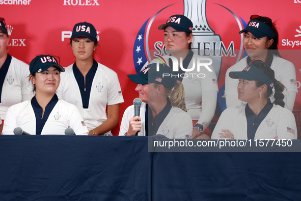 GAINESVILLE, VIRGINIA - SEPTEMBER 15: Captain Stacy Lewis of the United States is interviewed after a Team USA win at the conclusion of the...