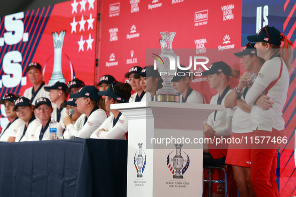 GAINESVILLE, VIRGINIA - SEPTEMBER 15: The Solheim Cup trophy is displayed during interviews after a Team USA win at the conclusion of the fi...