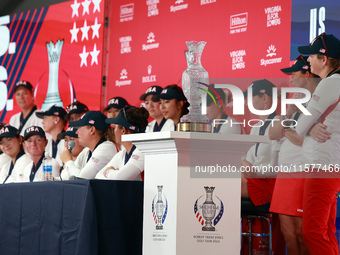 GAINESVILLE, VIRGINIA - SEPTEMBER 15: The Solheim Cup trophy is displayed during interviews after a Team USA win at the conclusion of the fi...