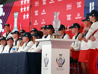 GAINESVILLE, VIRGINIA - SEPTEMBER 15: The Solheim Cup trophy is displayed during interviews after a Team USA win at the conclusion of the fi...