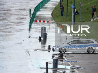 After heavy rainfall the level of the Vistula River has rised flooding a part of the boulvards in Krakow, Poland on September 15th, 2024. St...