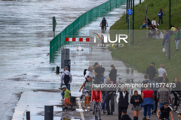 People gathered to watch flood-wave peak after heavy rainfall raised the level of the Vistula River flooding a part of the boulvards in Krak...