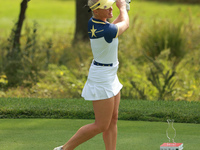 GAINESVILLE, VIRGINIA - SEPTEMBER 15: Charley Hull of Team Europe plays her tee shot on the 10th hole during single matches on Day Three of...