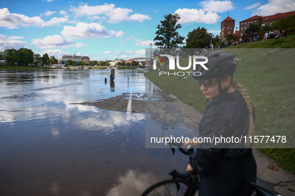 After heavy rainfall the level of the Vistula River has rised flooding a part of the boulvards in Krakow, Poland on September 15th, 2024. St...