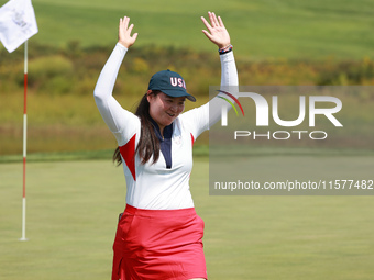 GAINESVILLE, VIRGINIA - SEPTEMBER 15: Allisen Corpuz of the United States celebrates her putt on the 15th green during single matches on Day...