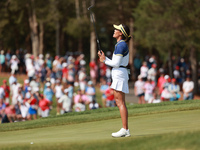 GAINESVILLE, VIRGINIA - SEPTEMBER 15: Celine Boutier of Team Europe reacts to her putt on the 16th green during single matches on Day Three...