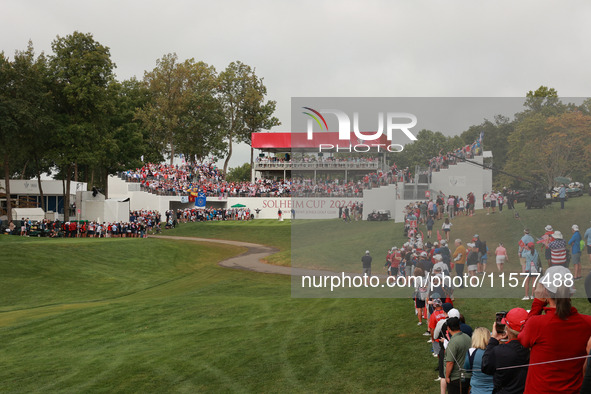 GAINESVILLE, VIRGINIA - SEPTEMBER 15: Fans can be seen in an overview of the first tee during single matches on Day Three of the Solheim Cup...