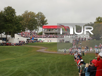 GAINESVILLE, VIRGINIA - SEPTEMBER 15: Fans can be seen in an overview of the first tee during single matches on Day Three of the Solheim Cup...