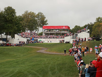 GAINESVILLE, VIRGINIA - SEPTEMBER 15: Fans can be seen in an overview of the first tee during single matches on Day Three of the Solheim Cup...