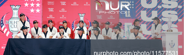 GAINESVILLE, VIRGINIA - SEPTEMBER 15: Members of Team USA attend an interview session after a United States win at the conclusion of the Sol...