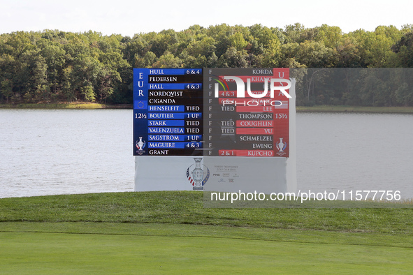 GAINESVILLE, VIRGINIA - SEPTEMBER 15: The final score with a Team USA win is displayed on the 18th green scoreboard a the conclusion of he f...