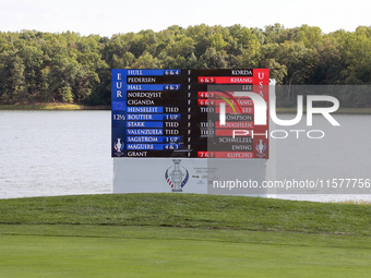 GAINESVILLE, VIRGINIA - SEPTEMBER 15: The final score with a Team USA win is displayed on the 18th green scoreboard a the conclusion of he f...