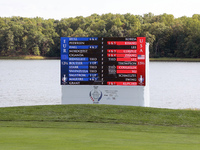 GAINESVILLE, VIRGINIA - SEPTEMBER 15: The final score with a Team USA win is displayed on the 18th green scoreboard a the conclusion of he f...