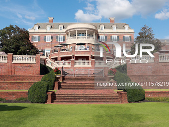 GAINESVILLE, VIRGINIA - SEPTEMBER 15: The clubhouse faces the afternoon sun at the conclusion of the final round of the Solheim Cup at Rober...