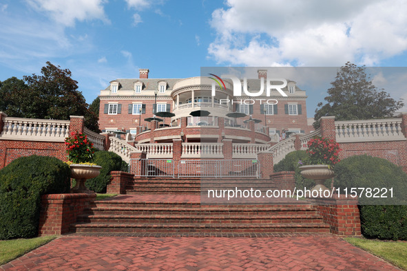 GAINESVILLE, VIRGINIA - SEPTEMBER 15: The clubhouse faces the afternoon sun at the conclusion of the final round of the Solheim Cup at Rober...