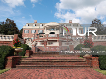 GAINESVILLE, VIRGINIA - SEPTEMBER 15: The clubhouse faces the afternoon sun at the conclusion of the final round of the Solheim Cup at Rober...