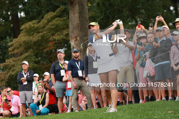 GAINESVILLE, VIRGINIA - SEPTEMBER 15: Charley Hull of Team Europe plays her second shot on the first hole during single matches on Day Three...