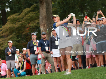 GAINESVILLE, VIRGINIA - SEPTEMBER 15: Charley Hull of Team Europe plays her second shot on the first hole during single matches on Day Three...