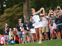 GAINESVILLE, VIRGINIA - SEPTEMBER 15: Charley Hull of Team Europe plays her second shot on the first hole during single matches on Day Three...