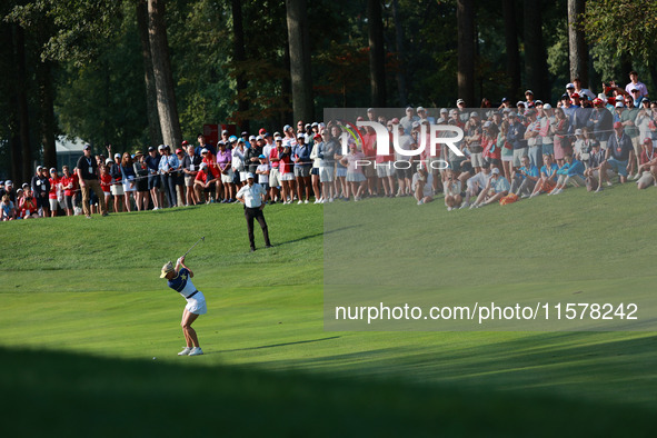 GAINESVILLE, VIRGINIA - SEPTEMBER 15: Charley Hull of Team Europe plays her second shot on the second hole during single matches on Day Thre...