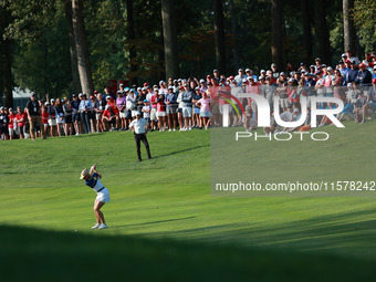 GAINESVILLE, VIRGINIA - SEPTEMBER 15: Charley Hull of Team Europe plays her second shot on the second hole during single matches on Day Thre...