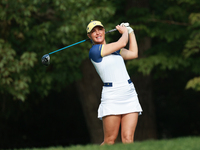 GAINESVILLE, VIRGINIA - SEPTEMBER 15: Charley Hull of Team Europe plays her tee shot on the third hole during single matches on Day Three of...