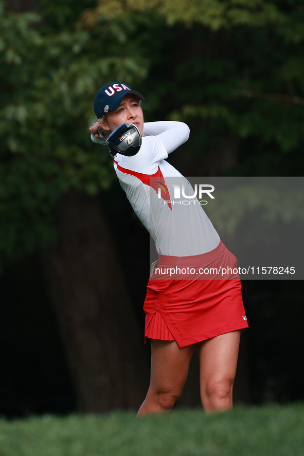 GAINESVILLE, VIRGINIA - SEPTEMBER 15: Nelly Korda of the United States plays her tee shot on the third hole during single matches on Day Thr...