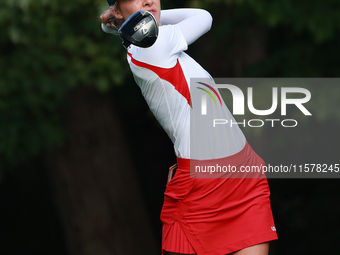 GAINESVILLE, VIRGINIA - SEPTEMBER 15: Nelly Korda of the United States plays her tee shot on the third hole during single matches on Day Thr...