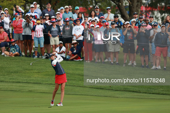 GAINESVILLE, VIRGINIA - SEPTEMBER 15: Nelly Korda of the United States plays her second shot on the third hole during single matches on Day...