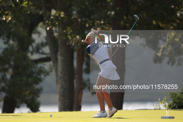 GAINESVILLE, VIRGINIA - SEPTEMBER 15: Charley Hull of Team Europe plays her tee shot on the 5th hole during single matches on Day Three of t...