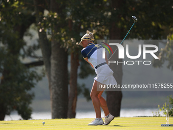 GAINESVILLE, VIRGINIA - SEPTEMBER 15: Charley Hull of Team Europe plays her tee shot on the 5th hole during single matches on Day Three of t...