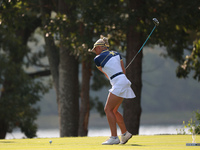 GAINESVILLE, VIRGINIA - SEPTEMBER 15: Charley Hull of Team Europe plays her tee shot on the 5th hole during single matches on Day Three of t...