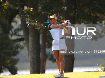 GAINESVILLE, VIRGINIA - SEPTEMBER 15: Charley Hull of Team Europe plays her tee shot on the 5th hole during single matches on Day Three of t...