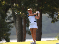 GAINESVILLE, VIRGINIA - SEPTEMBER 15: Charley Hull of Team Europe plays her tee shot on the 5th hole during single matches on Day Three of t...