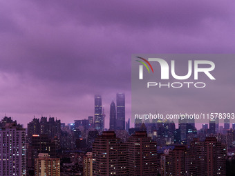 Typhoon Bebinca causes the sky to turn a rare purple in the evening in Shanghai, China, on September 15, 2024. (