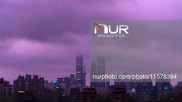 Typhoon Bebinca causes the sky to turn a rare purple in the evening in Shanghai, China, on September 15, 2024. 