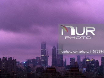 Typhoon Bebinca causes the sky to turn a rare purple in the evening in Shanghai, China, on September 15, 2024. (