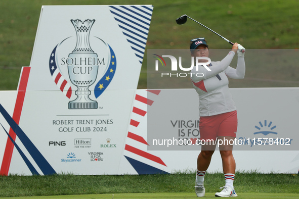 GAINESVILLE, VIRGINIA - SEPTEMBER 15: Megan Khang of the United States plays her tee shot on the seventh hole during single matches on Day T...