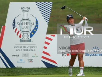 GAINESVILLE, VIRGINIA - SEPTEMBER 15: Megan Khang of the United States plays her tee shot on the seventh hole during single matches on Day T...